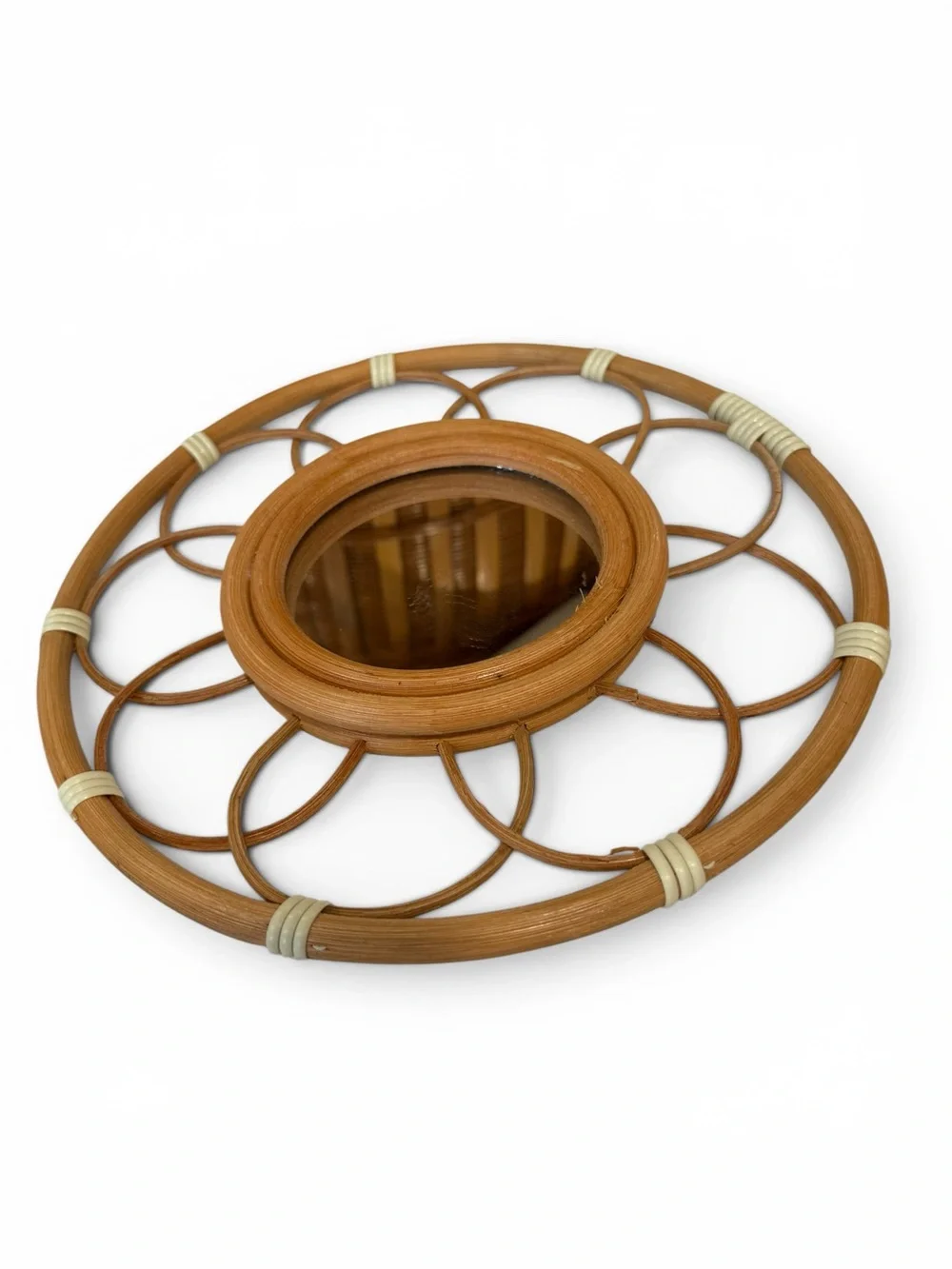 Vintage 1970s Vietnam Rattan Flower Wall Mirrors Set of 3 Boho Coastal Decor